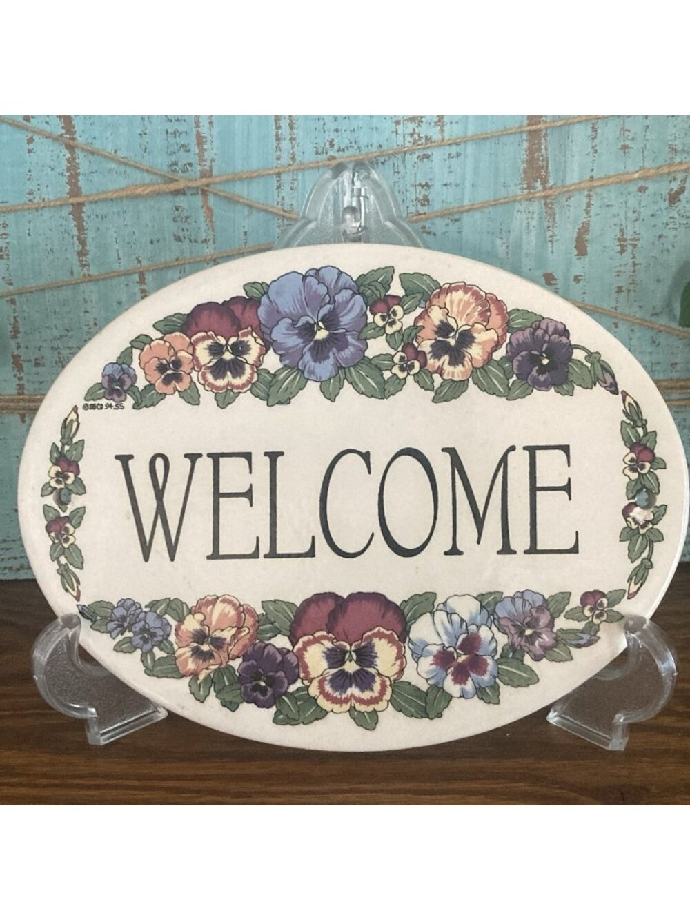 Vintage Santa Barbara Ceramics Oval Welcome Door Plaque With Pansies 1994